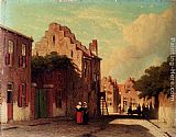 Sunlit Canvas Paintings - A Sunlit Townview With Figures Conversing